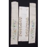 Three Chinese embroidered silk panels, showing exotic birds, butterflies etc