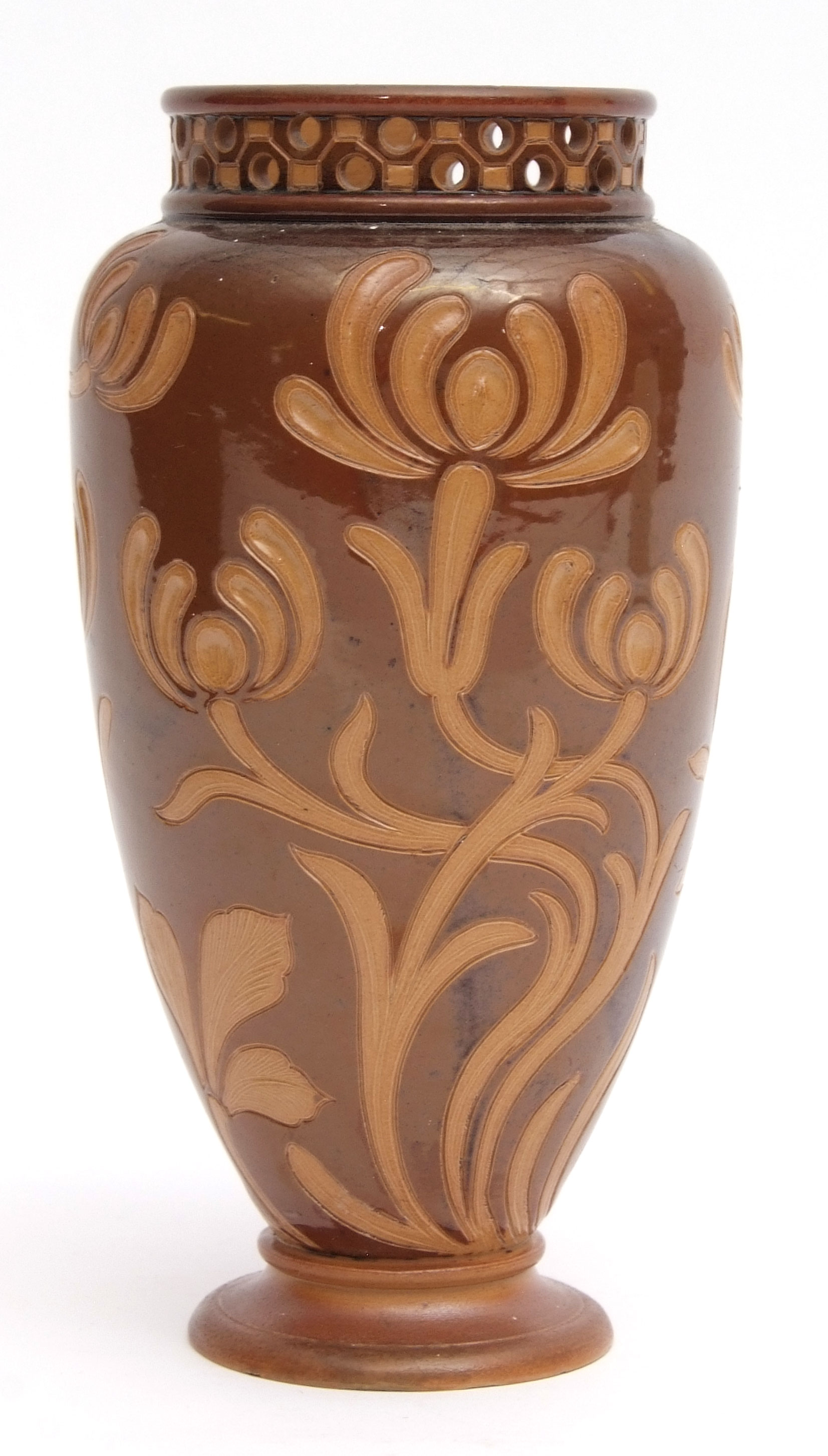 Late 19th century Doulton Lambeth stoneware vase, the dark brown body with applied buff decoration