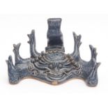 Unusual blue glazed Chinese porcelain brush rest with dragon mask moulding, 21 1/2cm wide