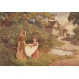 JOSEPH KIRKPATRICK (1872-1936) Two children gathering flowers before a cottage and pond watercolour,