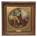 CIRCLE OF JOHN FREDERICK HERRING (1795-1865) Horses, donkey and chickens by a barrow Oil on panel,