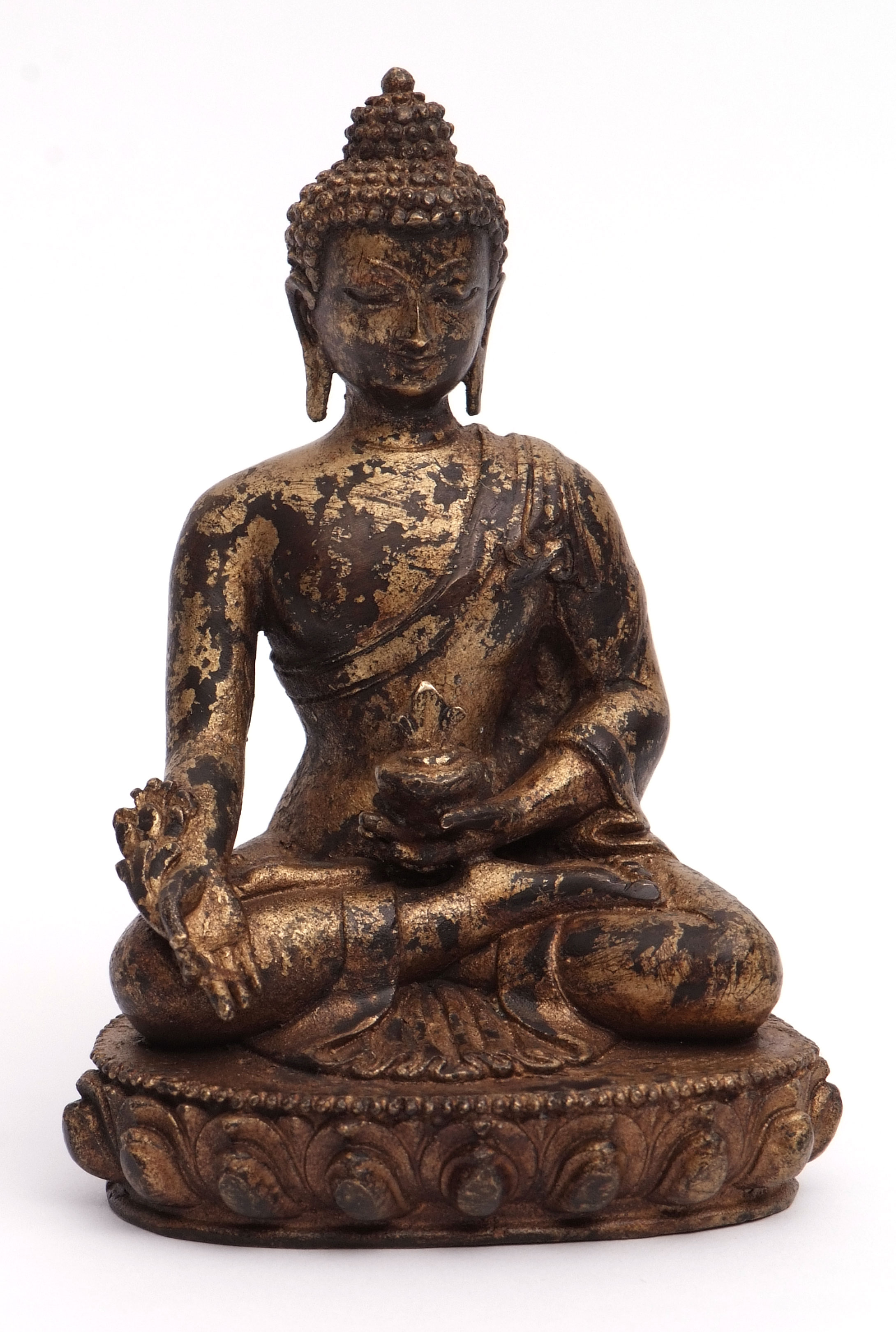 Chinese gilt lacquer bronze Buddha seated upon a lotus base, a censer in his left hand and a