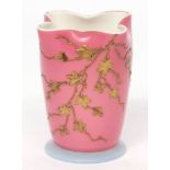 Late 19th century small pink overlaid glass vase, circa 1890/1900, decorated with a gold vine and