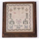 Sample by Grace Slade dated 1808, silk/wool stitched on gauze, animals, floral devices etc, 17 x