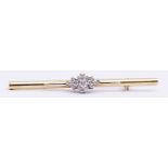 Precious metal diamond and cluster bar brooch, the principal diamond 0.15ct approx, surrounded by