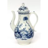 Rare Lowestoft Coffee Pot and cover, circa 1770, expansively painted in underglaze blue with a