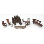 Mixed Lot: brass and mahogany doll's house furniture comprising sideboard, chaise longue,