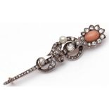 Diamond, coral and pearl bar brooch having an oval coral bead finial within a diamond surround,