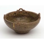 Chinese marbled clay pottery bowl with green wash and glaze of Song style, applied loop handles to