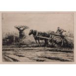 HARRY BECKER (1865-1928) Unloading turnips black and white etching 20 x 30cm