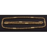 Unusual 18ct stamped bar and Byzantine link long chain, having two bars with concealed clasps,