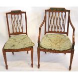 Set of four Sheraton satinwood and painted dining chairs with X formed backs and panelled top