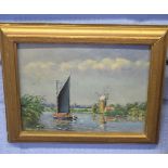 William J Coman, signed oil on board, "Wherry near Oby Mill", 17 x 22cms