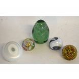 Good quality heavy dump paperweight together with a twisted cane paperweight and three others (5)