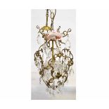 Good quality gilt metal square formed lamp of scrolling detail with glass prismatic drops, 30cms