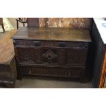 17th century oak small proportioned mule chest with heavily carved three-panelled front, with lift