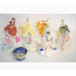 Collection of Royal Doulton and Coalport figurines, together with a Maling ware lustre bowl,