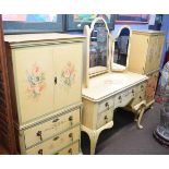 20th century extensively painted bedroom suite, pair of tallboys, dressing table, pair of single