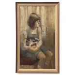 AR Dorothy Morton (1890-1983) oil on canvas, Young girl seated with a cat, 65 x 36cms