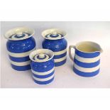 Mixed Lot: four T G Green Cornish ware blue and white stripped kitchen wares, comprising a graduated