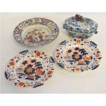 Mason's Ironstone oval sauce tureen decorated in colours, together with two Mason's Imari coloured