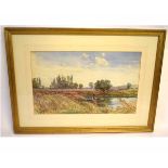 E Ellis, signed, watercolour, River scene with figure in a boat, 30 x 50cms