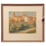 AR Viola Paterson (1899-1981) pastel, with Studio stamp verso, 26 x 32cms, Continental village