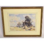 William Watt Milne, signed watercolour, Landscape with harvest field, 18 x 25cms