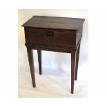 17th century oak Bible box on associated stand, with carved front, fitted with its original lock