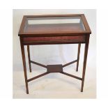 Edwardian mahogany and satinwood inlaid bijouterie table with lift up lid, raised on tapering square