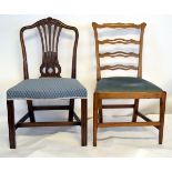 Pair of Georgian mahogany splat back dining chairs with geometric designed upholstered seats
