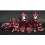 Mixed Lot: cranberry wares to include pair of cranberry and Vaseline ribbed jugs with clear glass