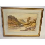 Attributed to Frederick William Hayes, ARCA, watercolour, River scene with mountains, 32 x 48cms