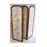 19th century mahogany arched top three-fold screen with gilded slip and floral inset panels, with