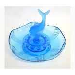 Blue Art glass three-piece table centrepiece, with dolphin formed stopper and shaped edge, 30cms