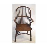 18th century elm and yew wood stick back armchair on turned legs, supported by crinoline stretcher