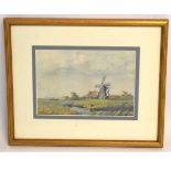 William J Coman, signed watercolour, Broads scene with windmill, 15 x 22cms
