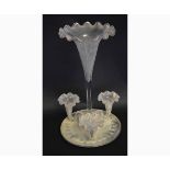 Clear glass epergne with etched detail with central large trumpet with crimped edge and three