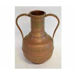 Indian copper two-handled vase with etched and impressed detail, 37cms