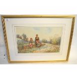 Fanny Mearns, signed watercolour, Landscape with mother and children, 27 x 44cms