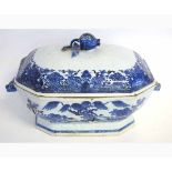 19th century blue and white Chinese two-handled tureen with a pomegranate finial and fo dog side