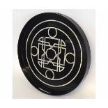 Good quality large circular black lacquered tray with geometric mother of pearl inlay, 56cms diam