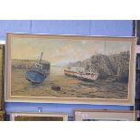 James Wright, signed oil on canvas, Harbour scene with fishing boats, 44 x 90cms