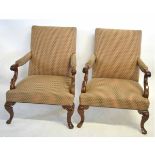 Pair of walnut framed armchairs with green and puce striped upholstered seat and back with scroll