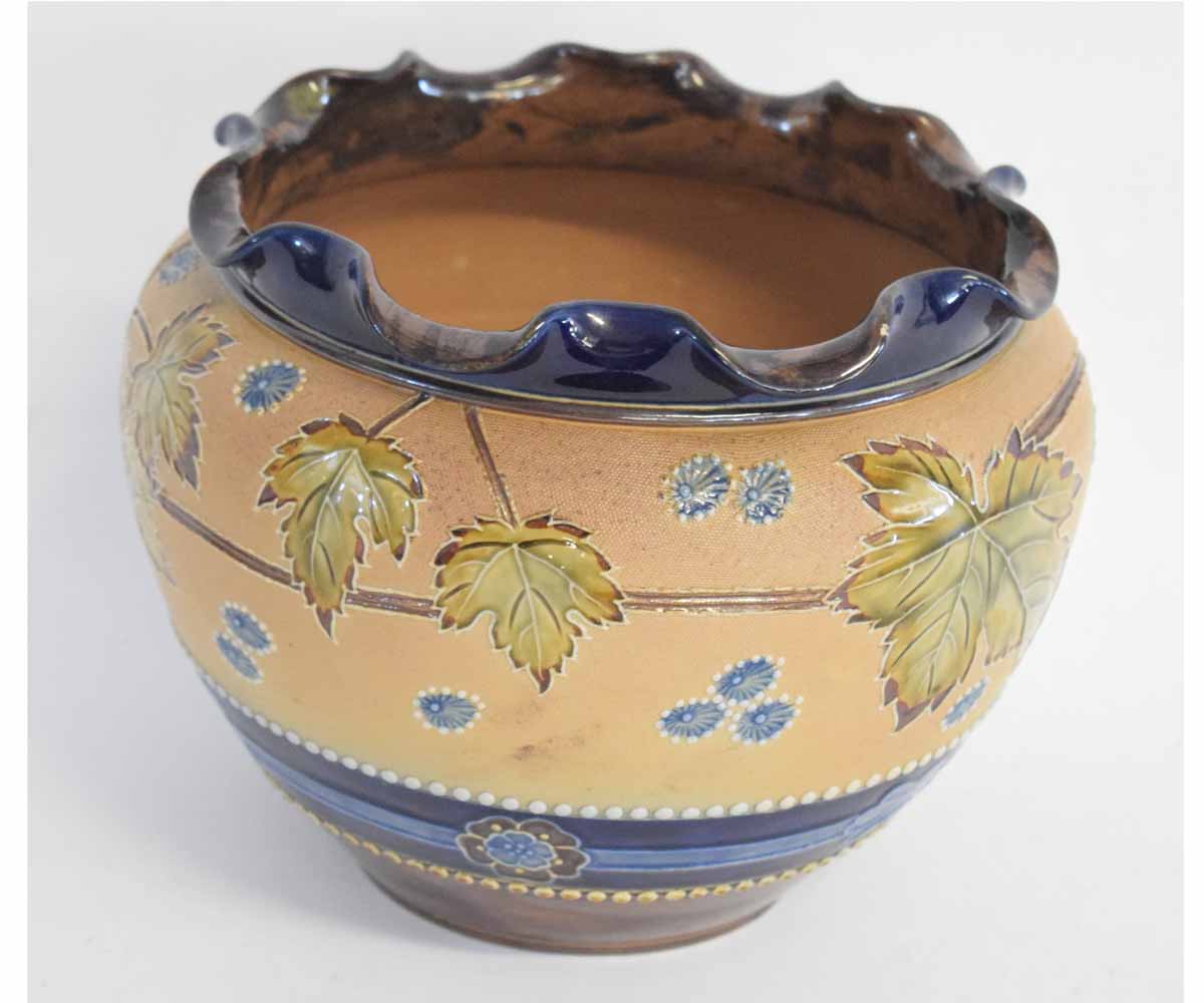 Royal Doulton Slaters Lambeth ware jardini re with crimped edge, decorated in leaves, 25cms diam x