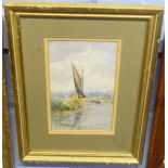 Bertha Rackham, signed and dated 1911, watercolour, Broads scene with wherry, 22 x 13cms