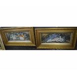 Unsigned pair of oils on board, Still Life studies of fruit, birds nest etc, 20 x 50cms (2)