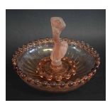 Puce glass circular centrepiece with ball edge and central frosted lady centrepiece, 30cms diam x