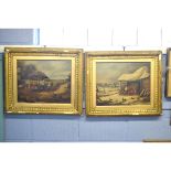 19th century English School, pair of oils on canvas, Farmyard scenes with cattle one Winter, 40 x