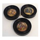 Three framed Pratt ware pot lids entitled "Persuasion", "Uncle Toby" and "A Pear" (with chips to
